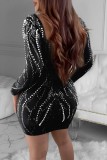 Black Sexy Casual Patchwork Hot Drilling Backless V Neck Long Sleeve Dresses