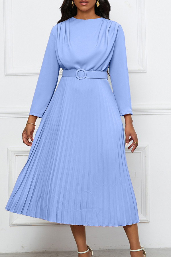 Himmelsblå Casual Solid med bälte o-hals långärmade klänningar