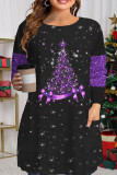 Top con scollo a O patchwork stampato albero di Natale casual rosa viola