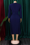 Dark Blue Casual Solid With Belt O Neck Long Sleeve Dresses