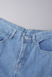 Deep Blue Street Solid Patchwork Pocket Buttons Dragkedja Hög midja Raka denim jeans