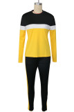 Yellow Casual Patchwork Contrast O Neck Long Sleeve Two Pieces