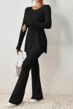 Light Gray Casual Solid Slit O Neck Long Sleeve Two Pieces