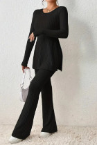 Black Casual Solid Slit O Neck Long Sleeve Two Pieces