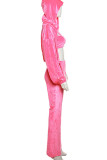 Pink Sexy Solid Bandage Patchwork Zipper Halter Long Sleeve Three Pieces