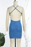 Blaue Sexy Patchwork Hot Drilling Rückenfreies Sling-Kleid mit V-Ausschnitt