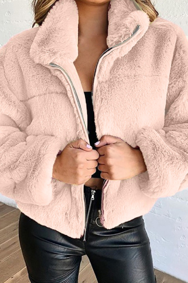 Prendas de abrigo con cuello con cremallera y cárdigan liso informal rosa