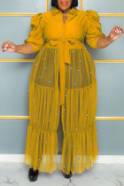 イエロー カジュアル ソリッド 包帯 パッチワーク バックル ビーズ ターンダウン カラー ストレート プラス サイズ ドレス