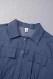 Blue Casual Plaid Patchwork Turndown Collar Long Sleeve Dresses