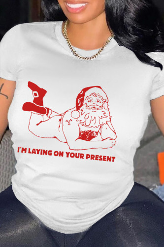 T-shirts blancs décontractés à col rond en patchwork de père Noël imprimé