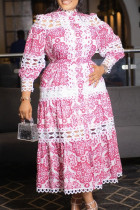 Roze elegante print kant uitgeholde patchwork halve coltrui A-lijn jurken