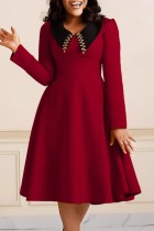 Bordeauxrode casual effen patchwork-jurken met kraag en lange mouwen