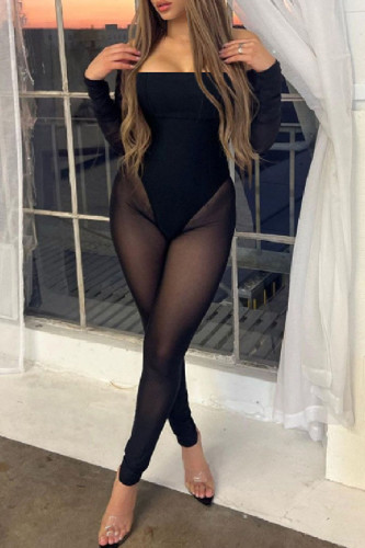 Black Sexy Solid Patchwork See-through Backless Off the Shoulder Skinny Jumpsuits