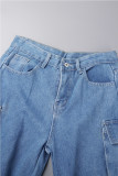 Jean droit en Denim bleu profond, poches en Patchwork uni, fermeture éclair, taille haute