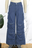Diepblauwe straat effen patchwork zakknopen rits hoge taille rechte denim jeans