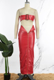 Red Sexy Street Party Solid Plain Solid Color Zipper Strapless Sleeveless Two Pieces