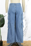 Голубые уличные однотонные прямые джинсовые джинсы с карманами и пуговицами на молнии с высокой талией
