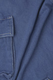 Jeans in denim dritto a vita alta con bottoni e tasche patchwork tinta unita blu intenso