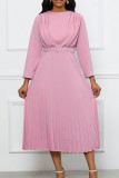 Розовые повседневные однотонные платья с длинным рукавом и круглым вырезом с поясом