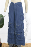 Jean droit en Denim bleu profond, poches en Patchwork uni, fermeture éclair, taille haute