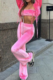 Розовый сексуальный однотонный бандаж в стиле пэчворк с застежкой-молнией и лямкой на шее с длинными рукавами, три предмета