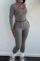 Grey Casual Solid Patchwork Buckle U Neck Long Sleeve Two Pieces