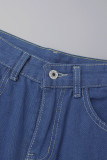 Jeans in denim dritto a vita alta con bottoni e tasche patchwork tinta unita azzurro
