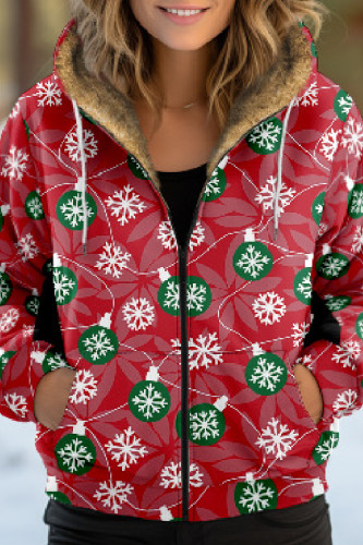 Red Green Casual Print Patchwork Zipper Hooded Collar Outerwear
