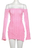 Pink Sexy Casual Solid Hollowed Out Backless Off the Shoulder Long Sleeve Dresses