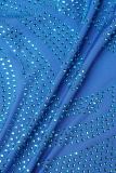 Blauw sexy patchwork heet boren rugloze v-hals sling-jurkjurken