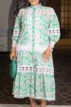 Groene elegante print kant uitgeholde patchwork halve coltrui A-lijn jurken