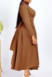 Brown Elegant Solid Hollowed Out Patchwork Beading O Neck A Line Dresses