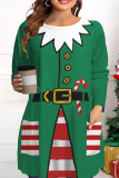Tops con cuello en O básicos de Papá Noel con estampado casual verde rojo