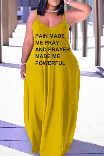 Земляно-желтое сексуальное повседневное длинное платье с открытой спиной и бретельками с принтом