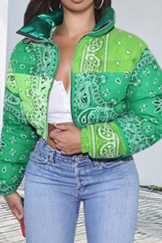 Green Casual Print Patchwork Zipper Mandarin Collar Outerwear
