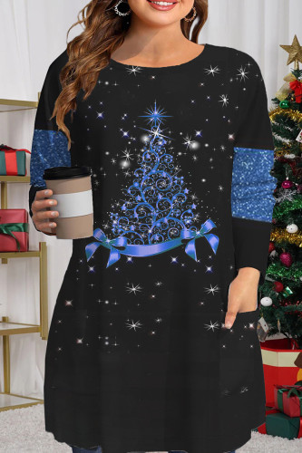 Blauwe casual kerstboom bedrukte patchwork tops met O-hals