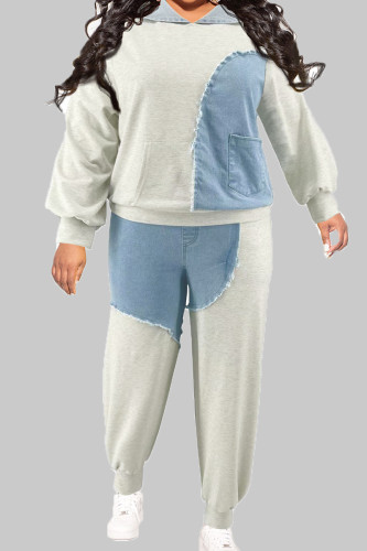 Light Gray Casual Color Block Patchwork Pocket Turndown Collar Plus Size Two Pieces