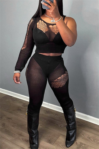 Black Sexy Solid Ripped Hollowed Out See-through O Neck Long Sleeve Two Pieces