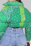 Green Casual Print Patchwork Zipper Mandarin Collar Outerwear