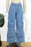 Deep Blue Street Solid Patchwork Pocket Buttons Dragkedja Hög midja Raka denim jeans
