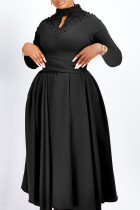 Robes trapèze noires élégantes, couleur unie, ajourées, Patchwork, perles, col rond
