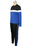 Blue Casual Patchwork Contrast O Neck Long Sleeve Two Pieces