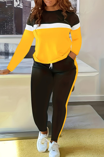 Yellow Casual Patchwork Contrast O Neck Long Sleeve Two Pieces
