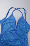 Blauw sexy patchwork heet boren rugloze v-hals sling-jurkjurken