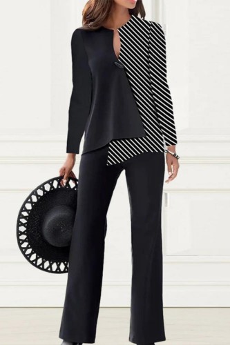 Black Casual Patchwork Contrast V Neck Long Sleeve Two Pieces