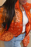 Orange Casual Print Patchwork Zipper Mandarin Collar Outerwear