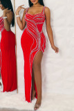 Festa vermelha elegante formal perfuração quente broca quente cinta de espaguete vestidos de noite