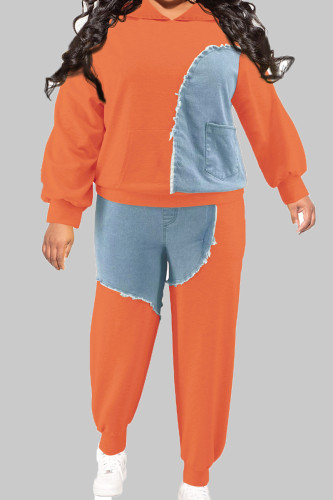 Tangerine Red Casual Color Block Patchwork Pocket Turndown Collar Plus Size Two Pieces