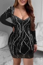 Black Sexy Casual Patchwork Hot Drilling Backless V Neck Long Sleeve Dresses