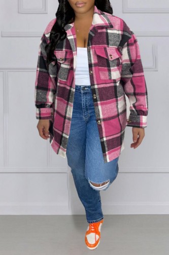 Rosa vermelha casual xadrez patchwork camisa tops com gola